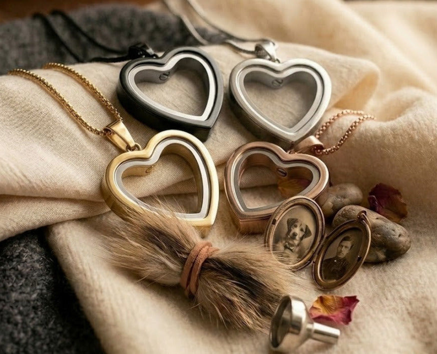 Heart-shaped photo locket necklaces on a soft fabric surface with a candle in the background.